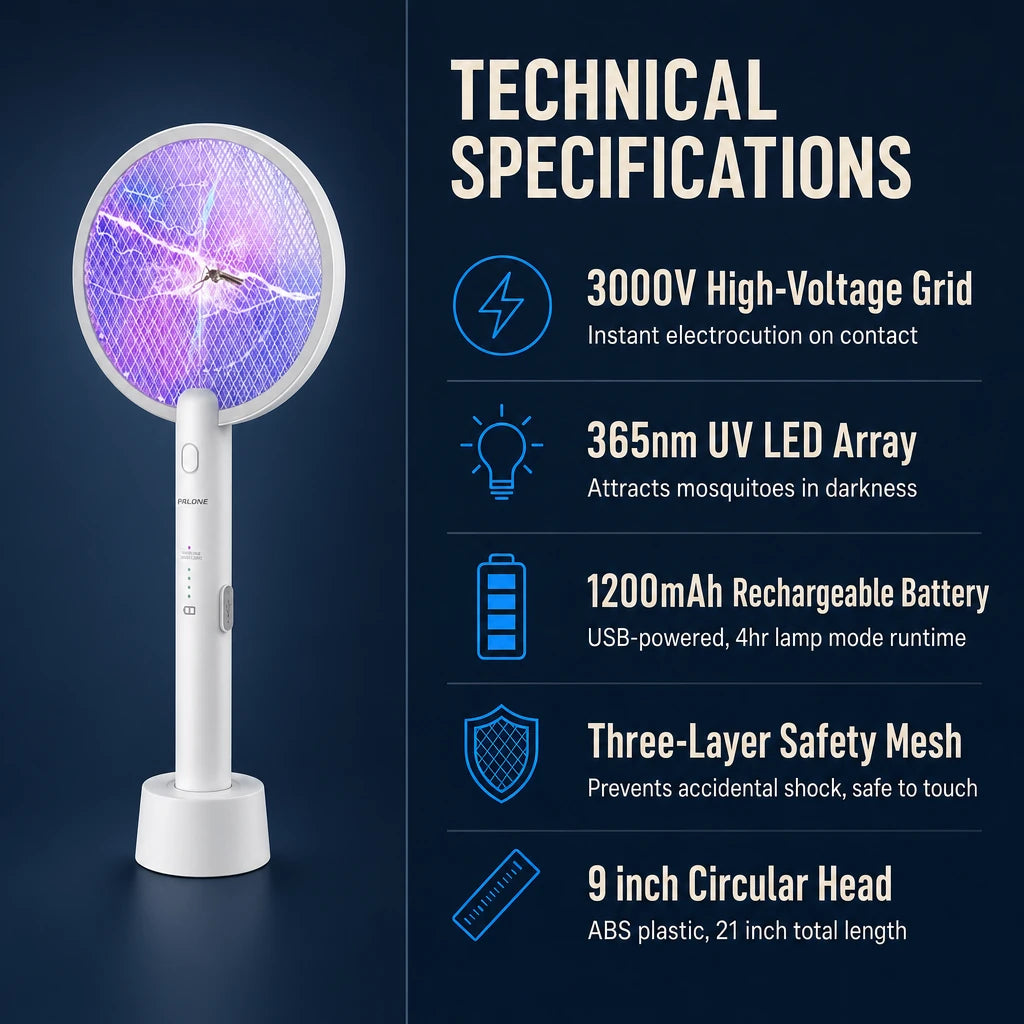 2-in-1 Electric Mosquito Swatter & Zapper Lamp – Safety Mesh — technical specifications