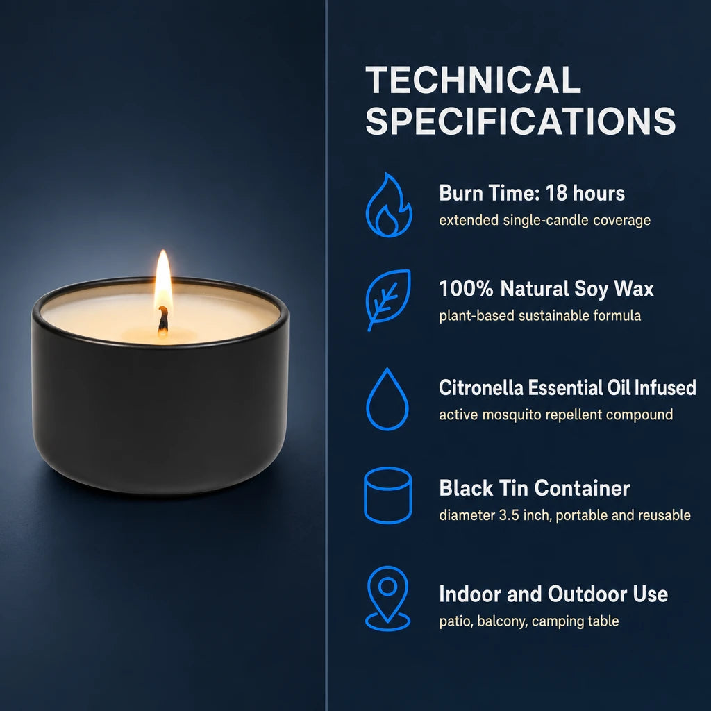 18-Hour Citronella Soy Candle in Black Tin — technical specifications