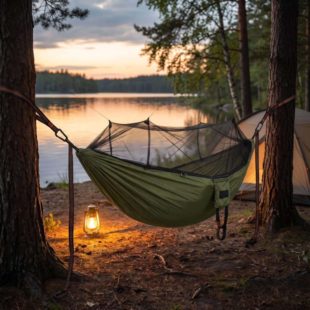Camping Hammock with Built-In Mosquito Net - in use