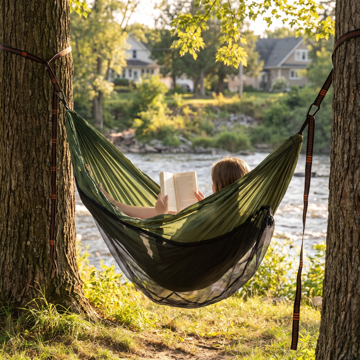 Camping Hammock with Built-In Mosquito Net - in use