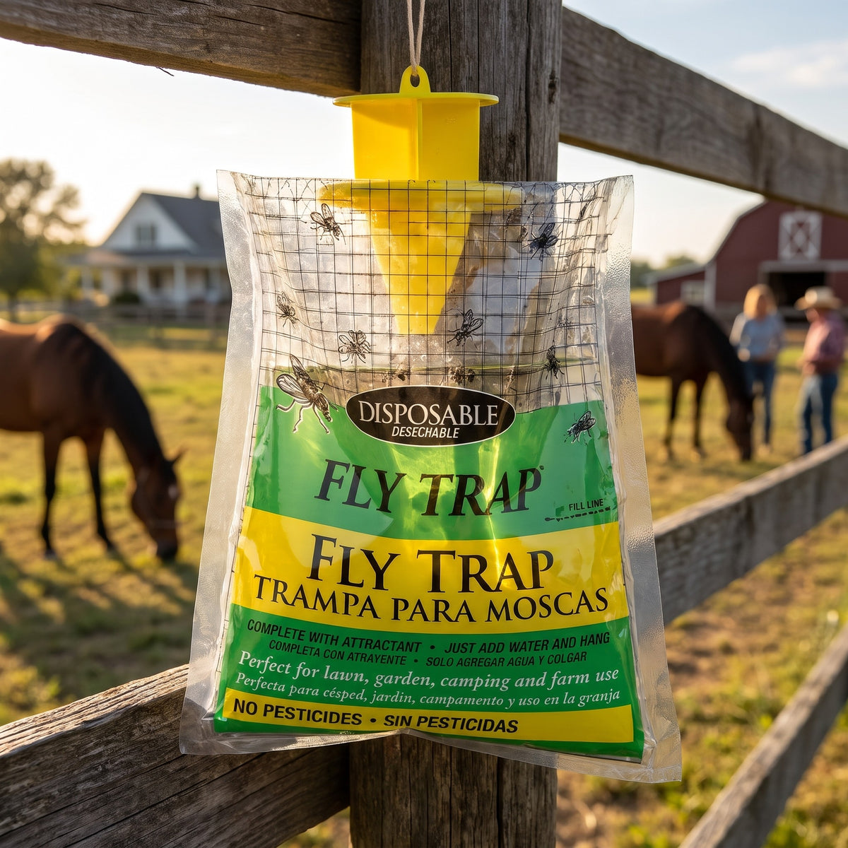 Hanging Fly Trap Bag with Bait - in use