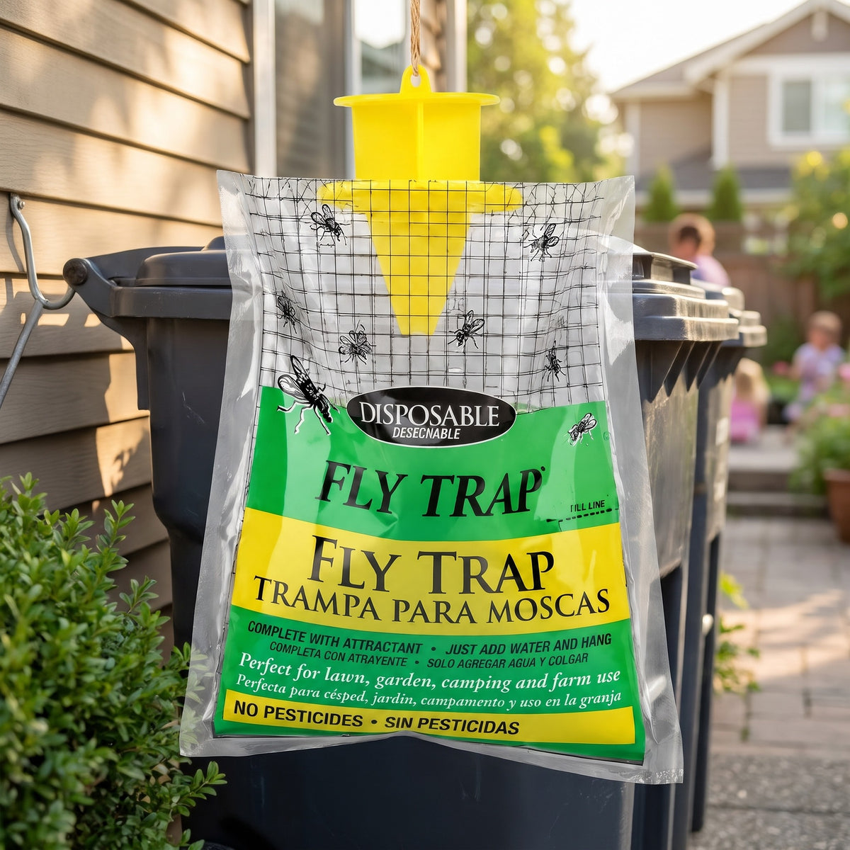 Hanging Fly Trap Bag with Bait - in use