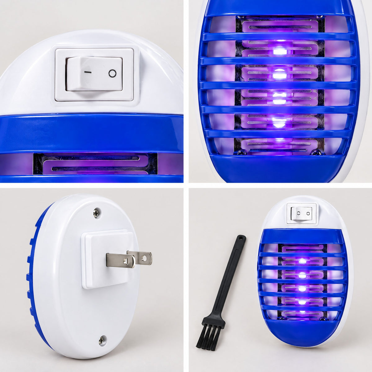 Close-ups: switch, UV LEDs, US plug and cleaning brush