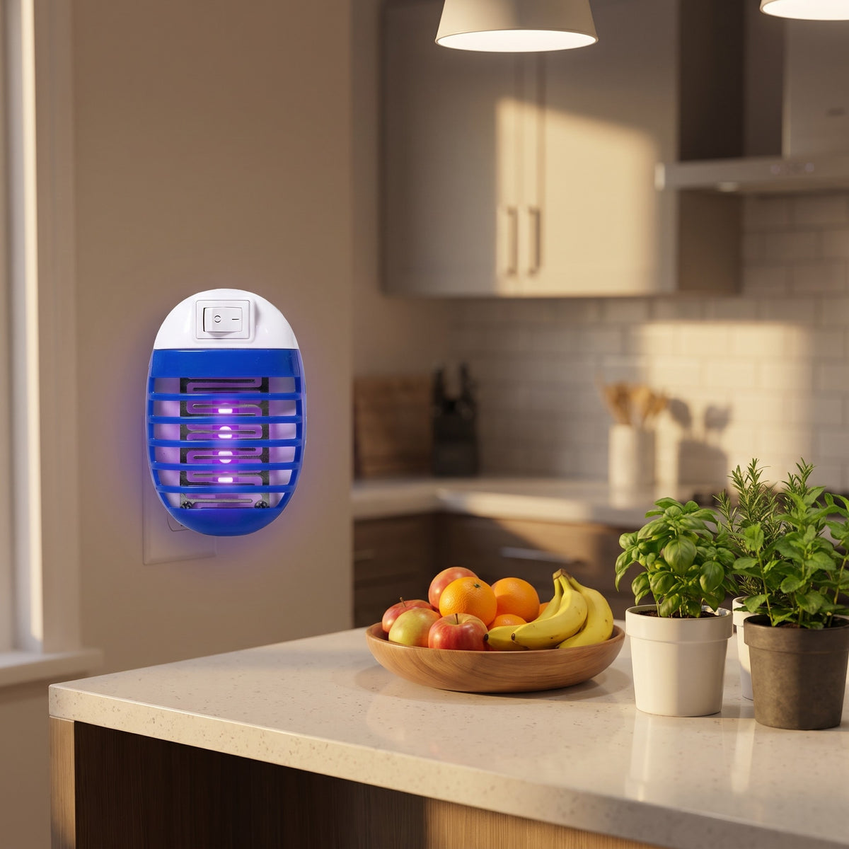 Mosquito zapper night light in a kitchen in the evening